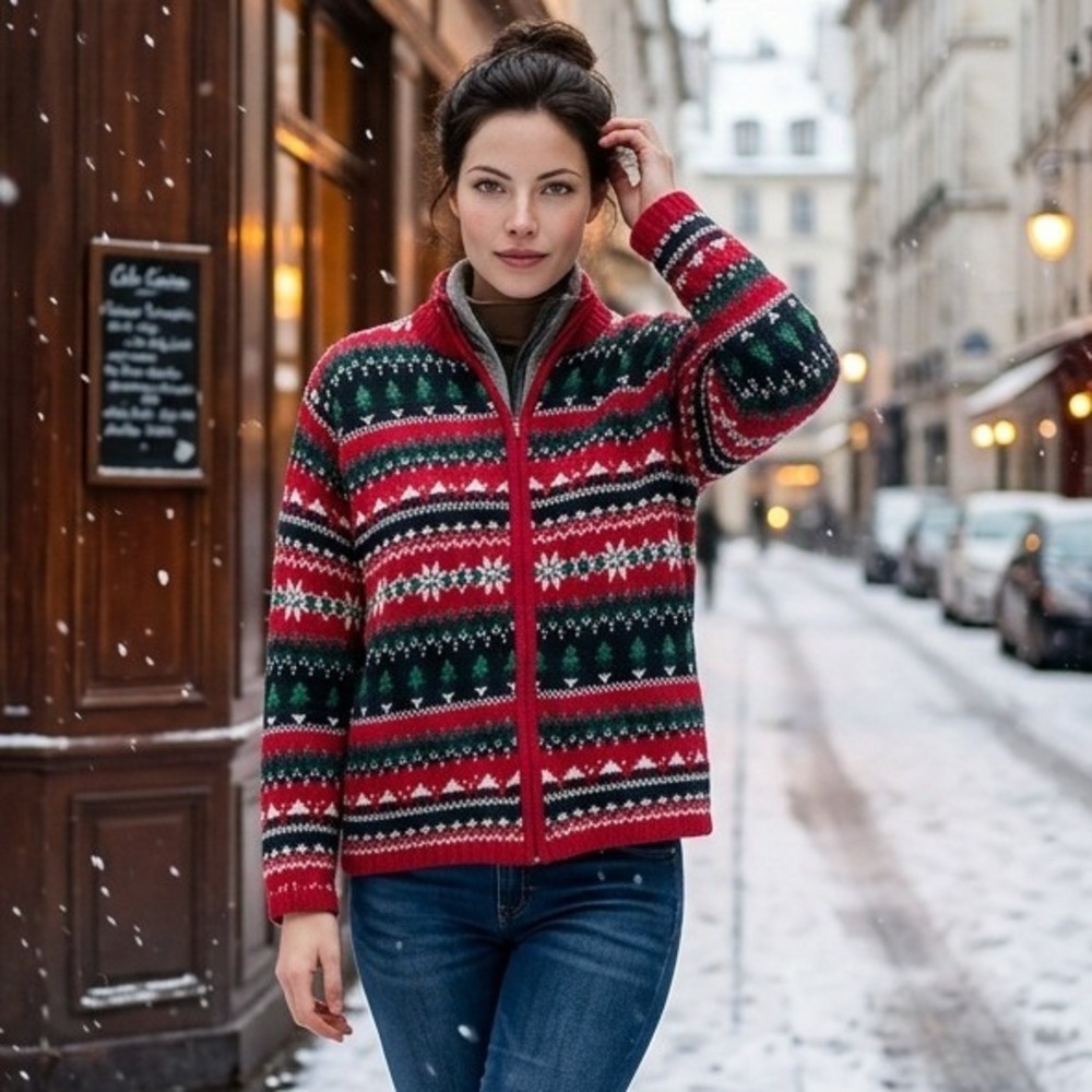 Tiara‎ International M Women's Vintage Holiday Fair Isle Knit Zip Up Sweater